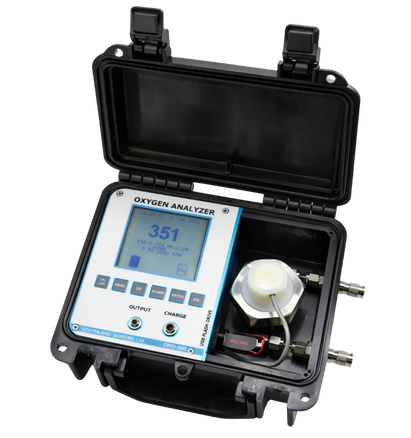 OMD-351 Portable Trace Oxygen Analyzer in a rugged waterproof carrying case for on-site industrial gas analysis.