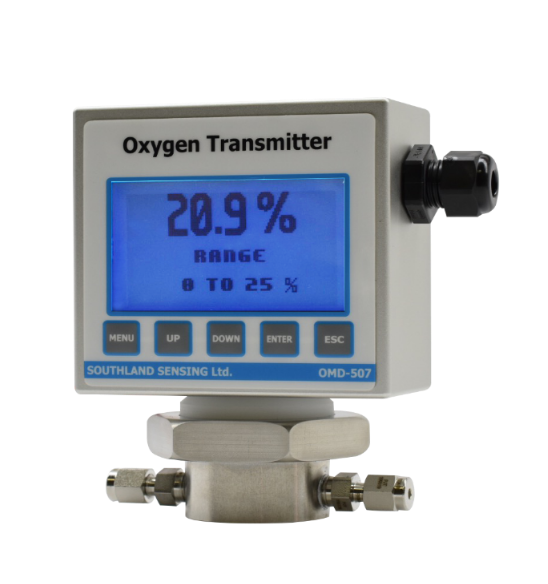 OMD-507 Percent Oxygen Transmitter with digital display and integrated stainless steel flow-through cell for industrial process monitoring.