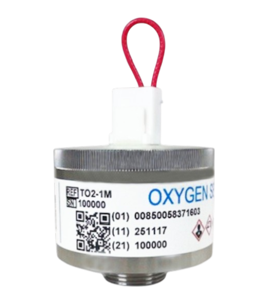 TO2-1M Trace PPM Oxygen Sensor with threaded mounting and red shorting wire for industrial gas analysis.