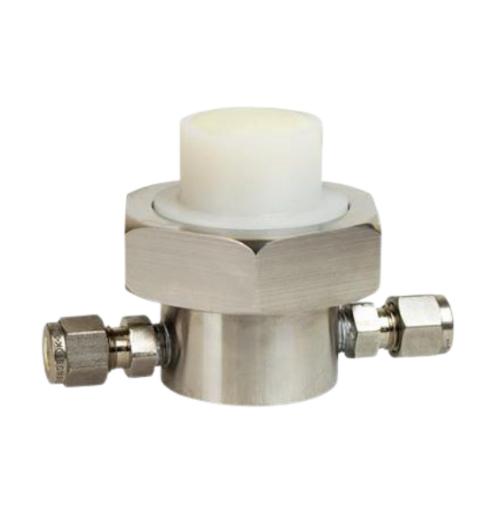 Stainless steel flow-through oxygen sensor housing with 1/4 inch compression fittings for in-line gas analysis.
