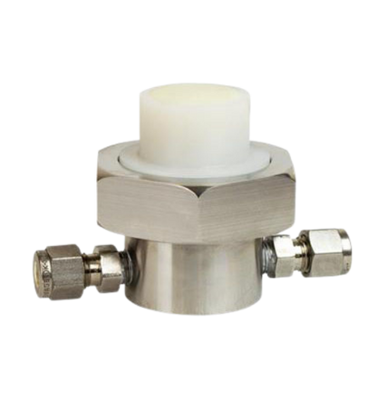 Stainless steel flow-through oxygen sensor housing with 1/4 inch compression fittings for in-line gas analysis.
