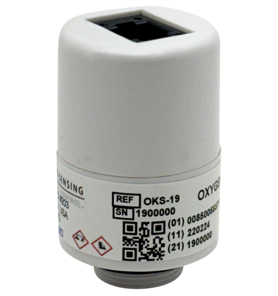 OKS-19 Oxygen Sensor with RJ-11 connector port and serialized label for gas analysis equipment.