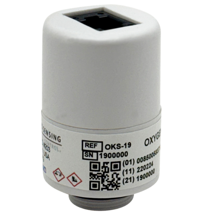 OKS-19 Oxygen Sensor with RJ-11 connector port and serialized label for gas analysis equipment.