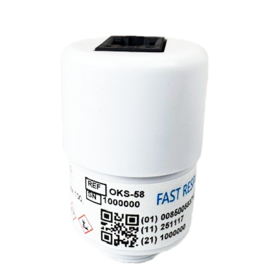 OKS-58 Fast Response Oxygen Sensor with RJ-11 connector and M16 x 1.5 threaded base for rapid gas analysis.