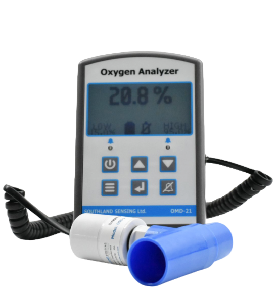 OMD-21 Portable Handheld Oxygen Analyzer with coiled cable and blue T-adapter for medical and industrial gas spot checking.