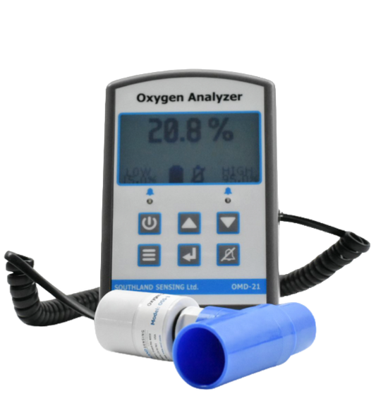 OMD-21 Portable Handheld Oxygen Analyzer with coiled cable and blue T-adapter for medical and industrial gas spot checking.