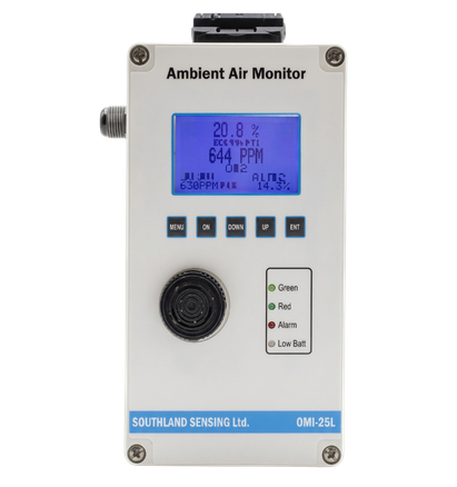 OMD-351 Dual Channel Ambient Air Monitor for Oxygen and Carbon Dioxide (CO2) Safety Alarms.