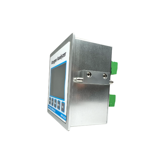 Side view of OMD-501X Oxygen Analyzer showing industrial panel mount design and mounting clamps.