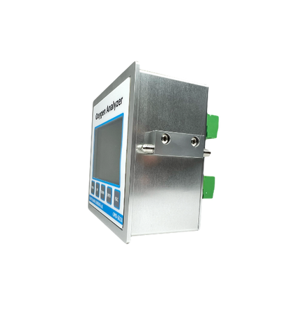 Side view of OMD-501X Oxygen Analyzer showing industrial panel mount design and mounting clamps.