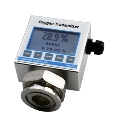 OMD-507 Oxygen Transmitter with digital display and sanitary tri-clamp fitting for food and pharmaceutical gas analysis.