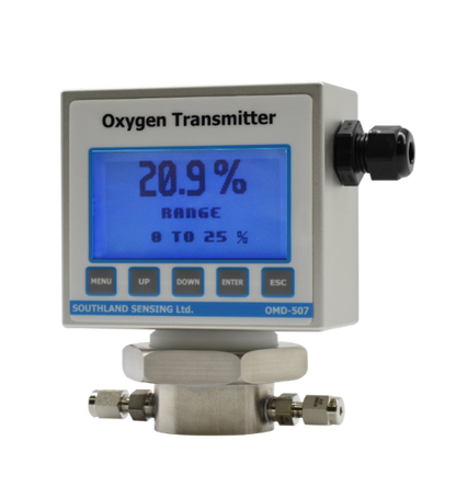 OMD-507 Percent Oxygen Transmitter with digital display and integrated stainless steel flow-through cell for industrial process monitoring.