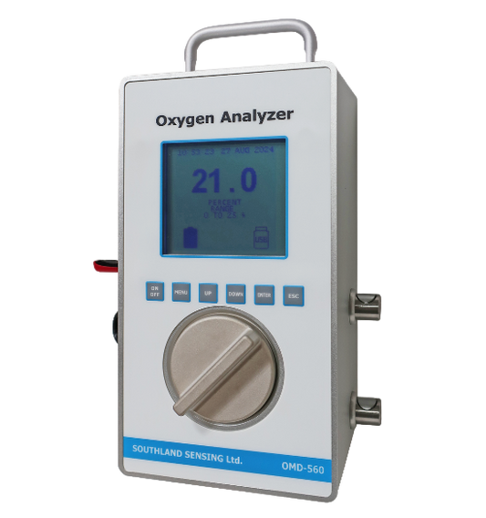OMD-560 Portable Oxygen Analyzer with digital display and integrated handle by Southland Sensing, ideal for industrial gas analysis.
