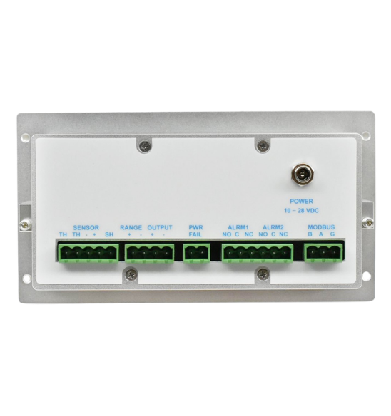 Rear view of OMD series oxygen analyzer with 10-28 VDC power input jack and Modbus RS485 communication terminals.