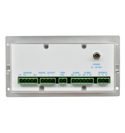 Rear view of OMD series oxygen analyzer with 10-28 VDC power input jack and Modbus RS485 communication terminals.