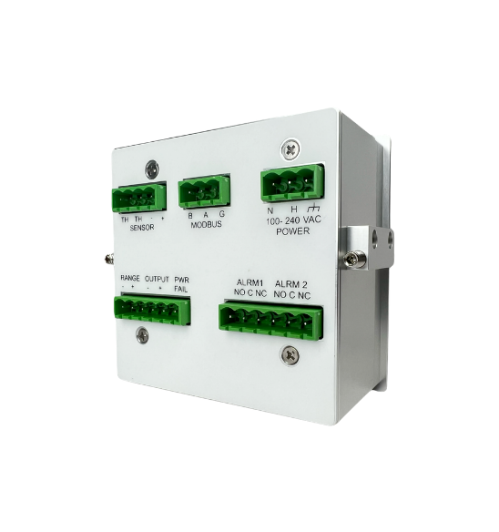 Back view of OMD series oxygen analyzer highlighting universal 100-240 VAC power input and alarm terminals.