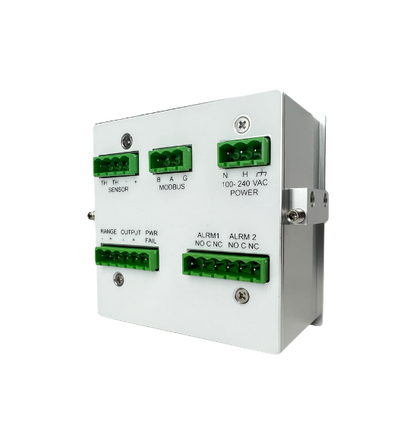 Back view of OMD series oxygen analyzer highlighting universal 100-240 VAC power input and alarm terminals.