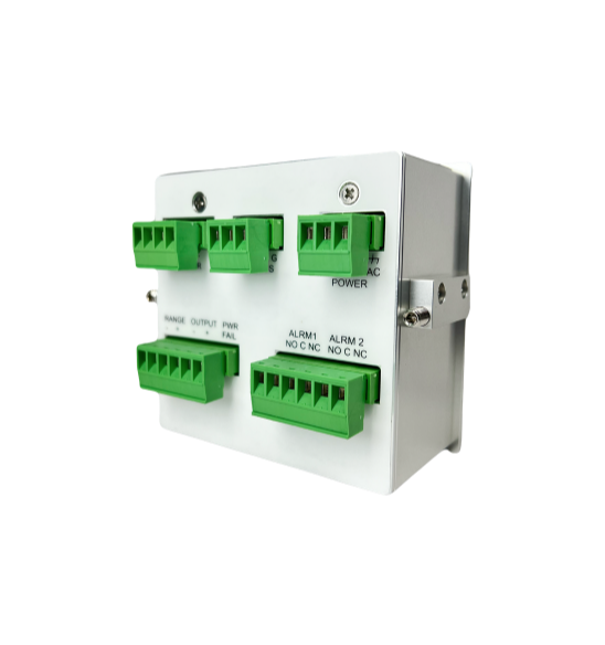 Detailed view of OMD oxygen analyzer wiring terminals for Modbus RTU, 4-20mA output, and alarm relays.