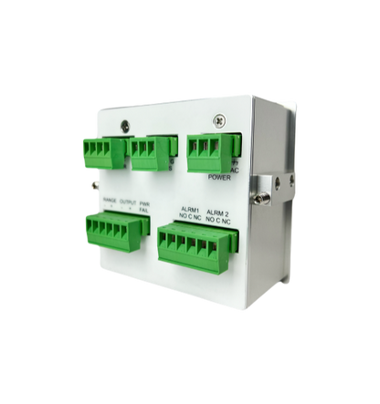 Detailed view of OMD oxygen analyzer wiring terminals for Modbus RTU, 4-20mA output, and alarm relays.