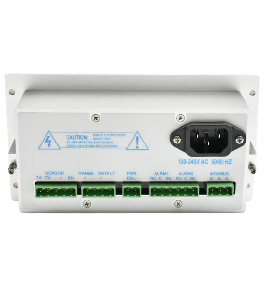 Rear view of OMD series oxygen analyzer showing 100-240V AC power socket and Modbus RTU communication terminals.