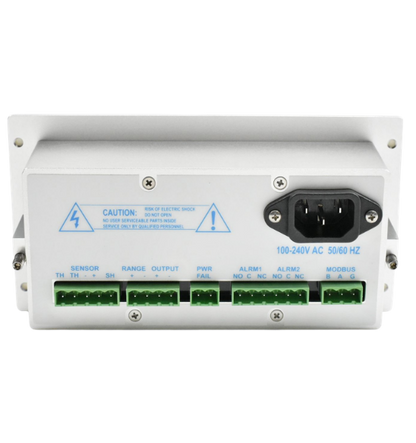 Rear view of OMD series oxygen analyzer showing 100-240V AC power socket and Modbus RTU communication terminals.