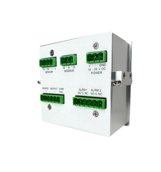 Rear panel of OMD series oxygen analyzer showing Modbus, power input, and alarm relay connections.