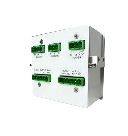 Rear panel of OMD series oxygen analyzer showing Modbus, power input, and alarm relay connections.