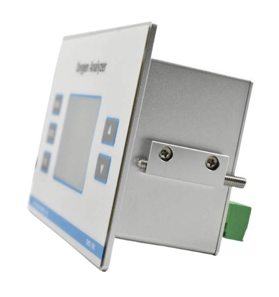 Side perspective view of OMD series oxygen analyzer showing mounting bracket and adjustable installation screws.