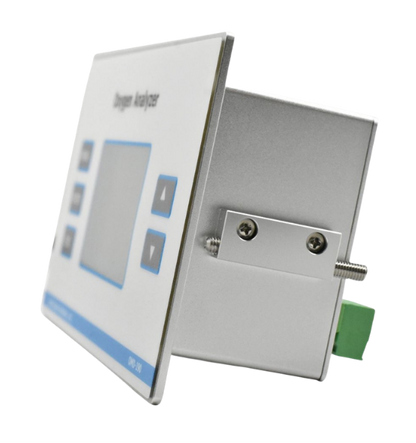 Side perspective view of OMD series oxygen analyzer showing mounting bracket and adjustable installation screws.