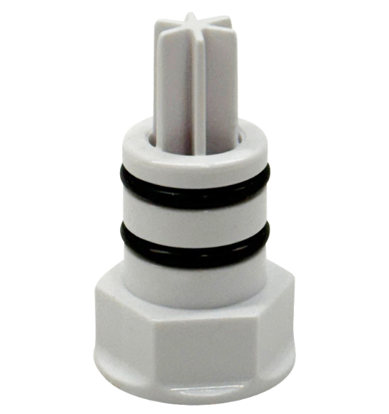 White plastic flow-through driver for oxygen sensors with dual black O-rings for airtight gas sealing.