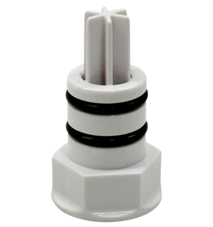White plastic flow-through driver for oxygen sensors with dual black O-rings for airtight gas sealing.