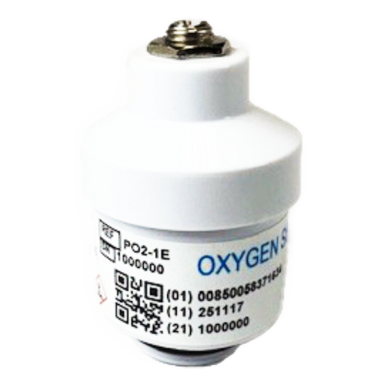 PO2-1E Oxygen Sensor by Southland Sensing, a clinical-grade electrochemical sensor with QR code for medical gas analysis and respiratory monitoring.