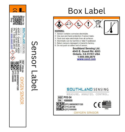 Southland Sensing PO2-24 Percent Oxygen Sensor labels with serial number and box packaging compliance information