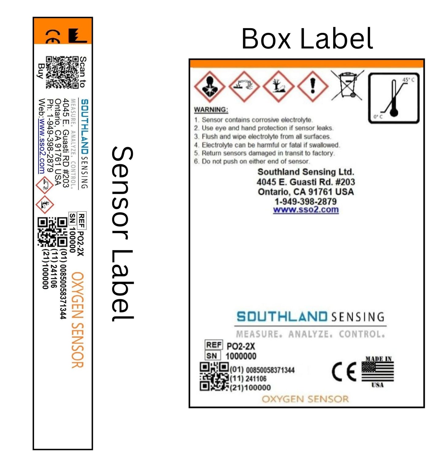 Southland Sensing PO2-2X Percent Oxygen Sensor labels with serial number and box warning details