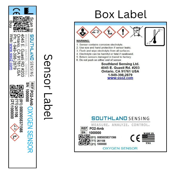 Southland Sensing PO2-Amb Ambient Oxygen Sensor labels showing serial number and box packaging specifications