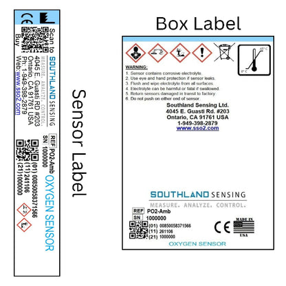 Southland Sensing PO2-Amb Ambient Oxygen Sensor labels showing serial number and box packaging specifications