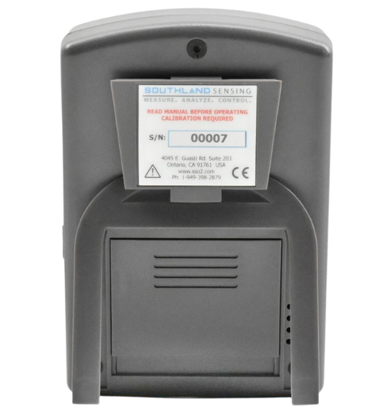 Rear view of Southland Sensing portable oxygen analyzer showing the battery compartment and CE certification label.