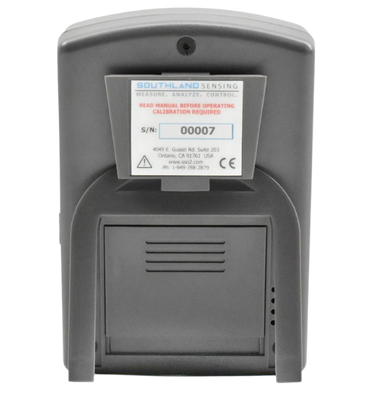 Rear view of Southland Sensing portable oxygen analyzer showing the battery compartment and CE certification label.