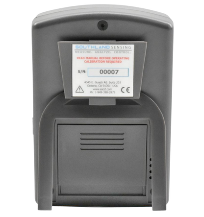 Rear view of Southland Sensing portable oxygen analyzer showing the battery compartment and CE certification label.