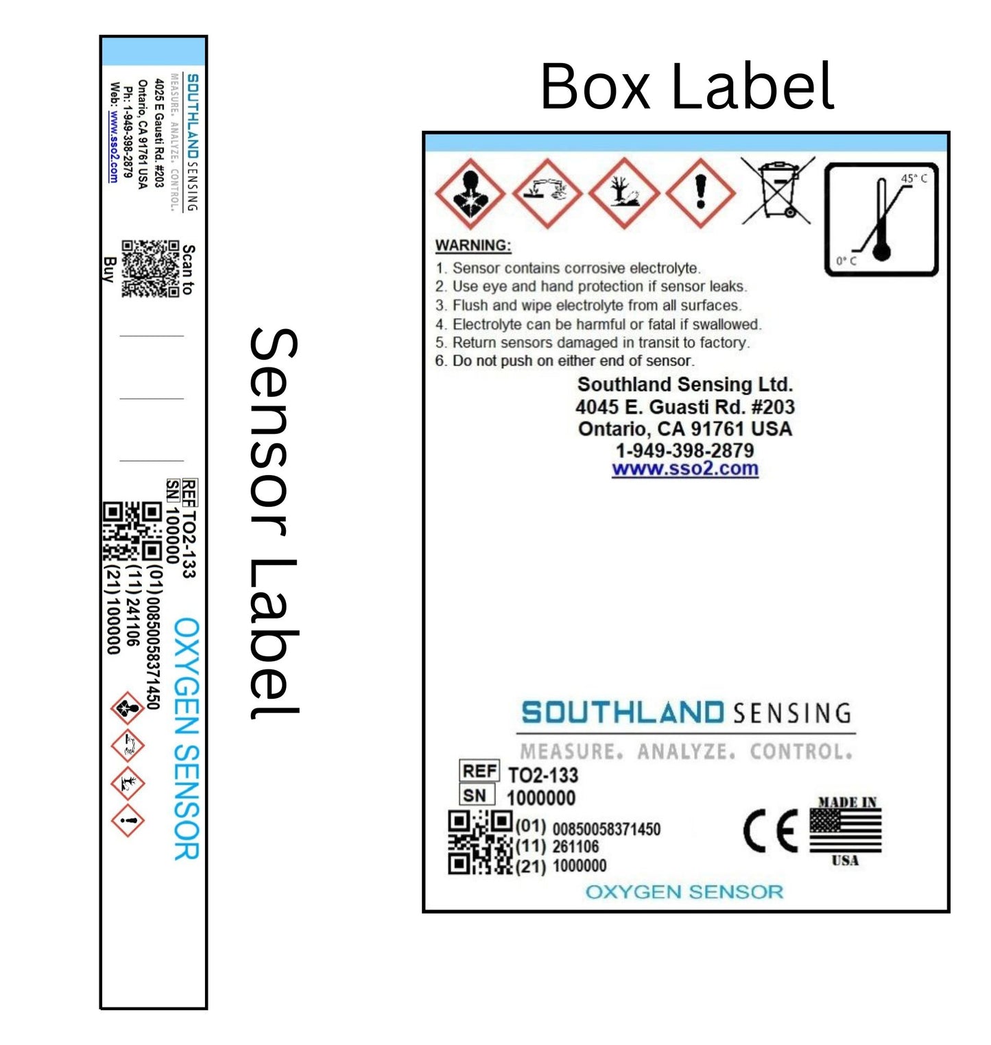 Southland Sensing TO2-133 Trace Oxygen Sensor labels showing product serial number and box packaging safety instructions