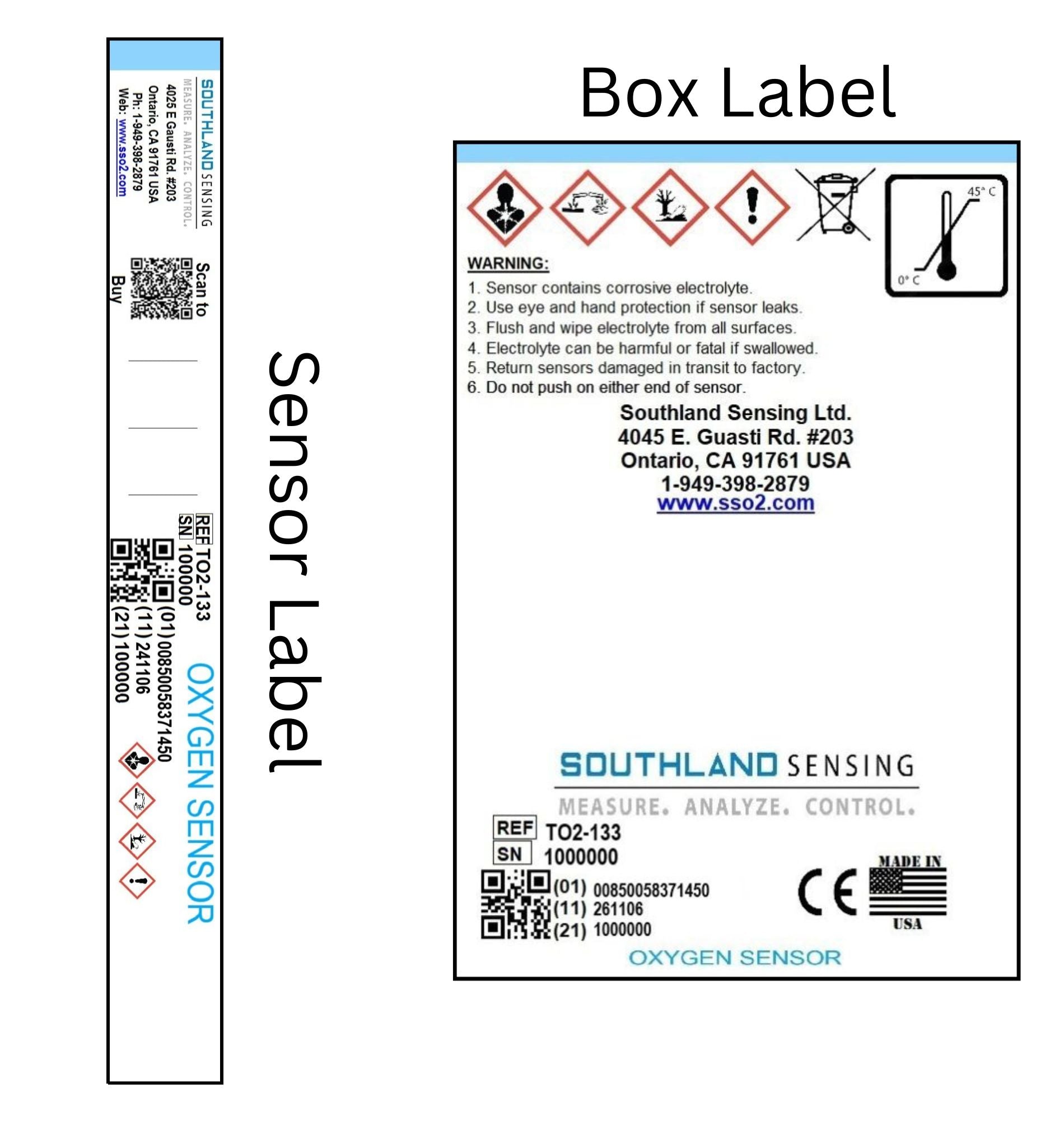 Southland Sensing TO2-133 Trace Oxygen Sensor labels showing product serial number and box packaging safety instructions