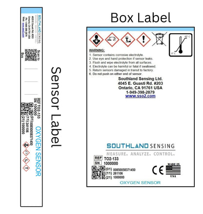 Southland Sensing TO2-133 Trace Oxygen Sensor labels showing product serial number and box packaging safety instructions