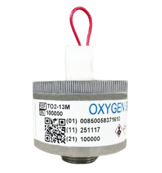 TO2-13M Trace PPM Oxygen Sensor with threaded base and red shorting loop for industrial gas monitoring.