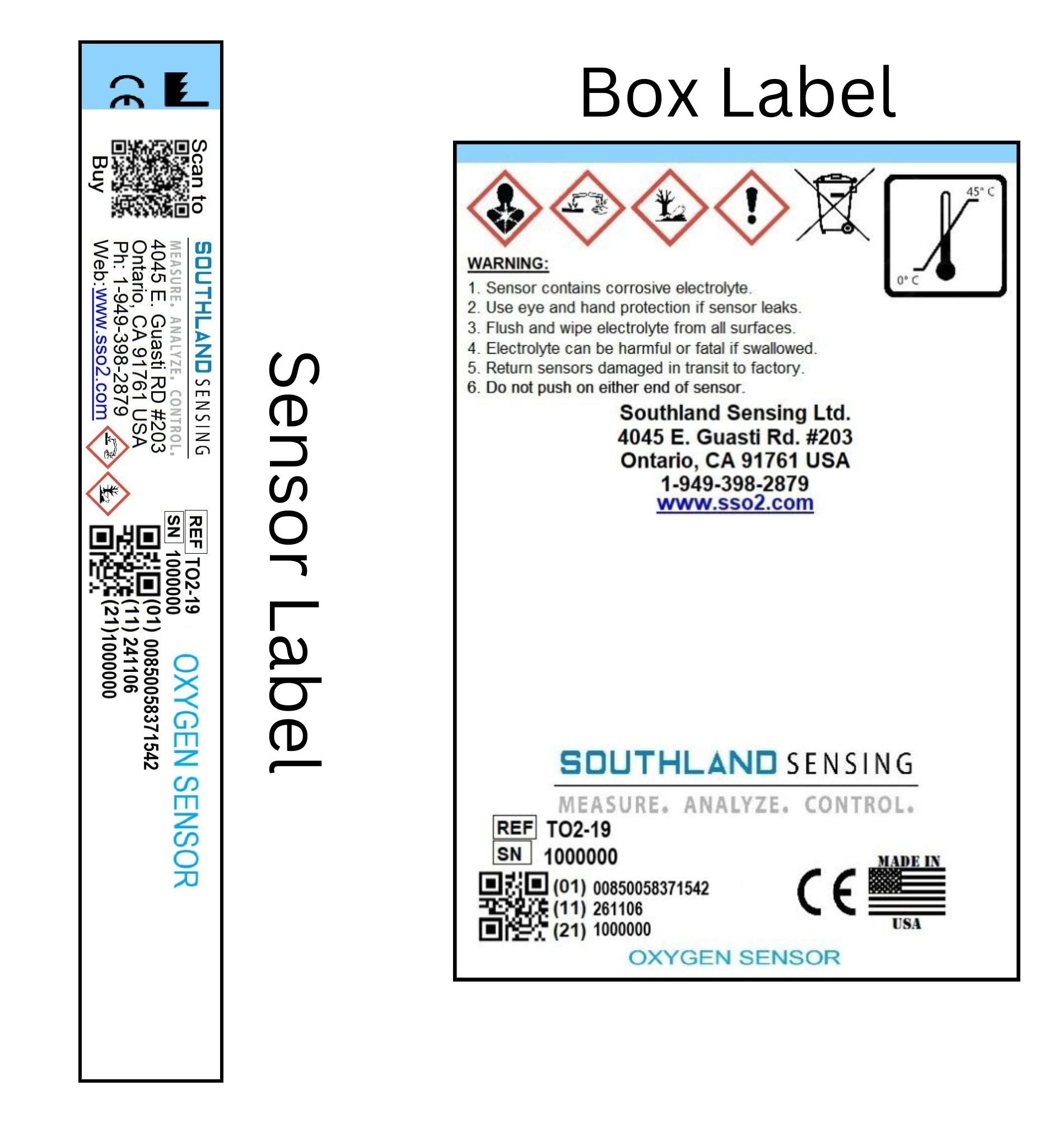 Southland Sensing TO2-19 Trace Oxygen Sensor labels featuring product serial number, compliance marks, and box safety instructions