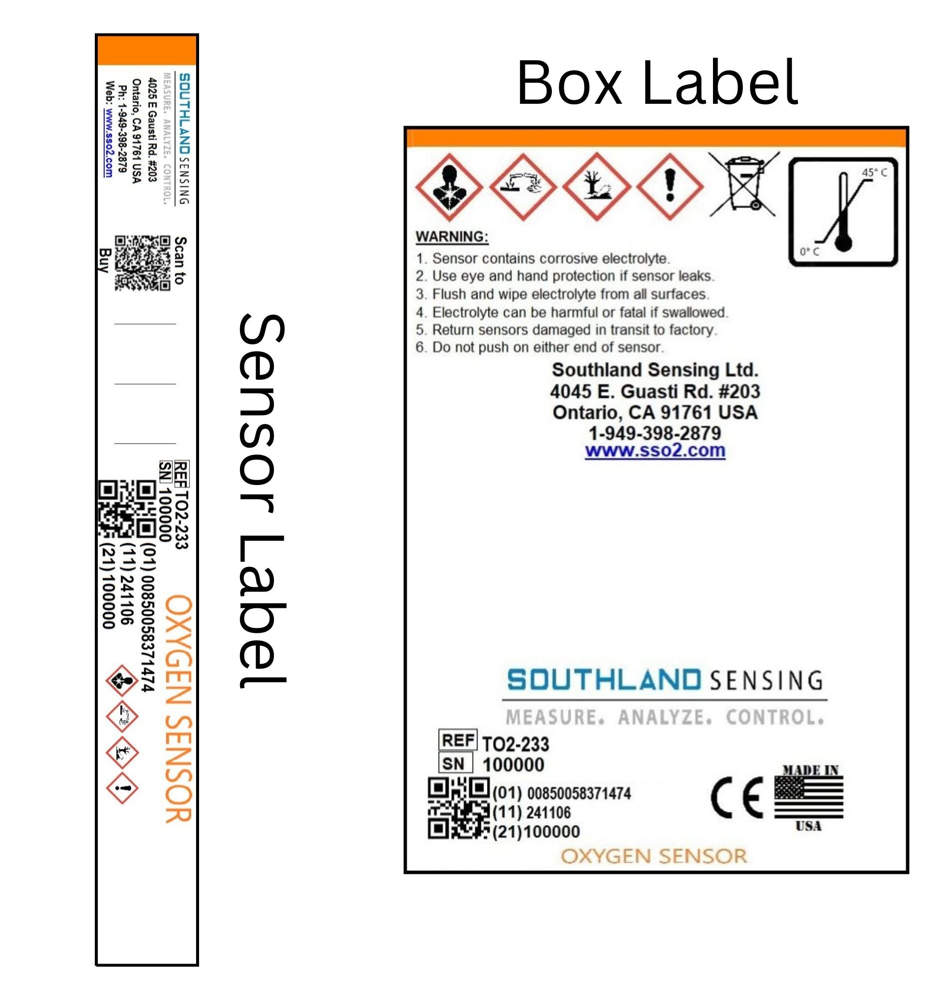 Southland Sensing TO2-233 Trace Oxygen Sensor product label and box packaging showing technical details and compliance symbols
