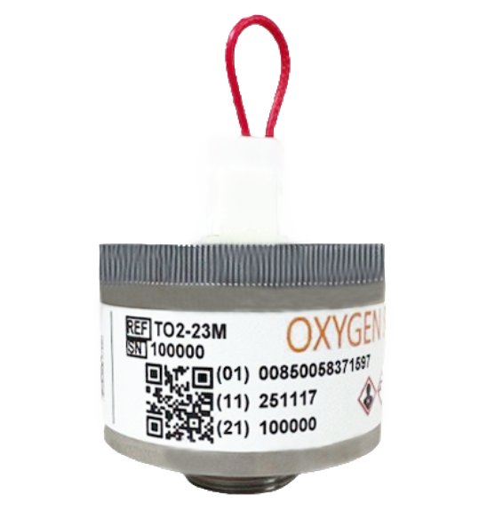 TO2-23M Trace PPM Oxygen Sensor by Southland Sensing, an electrochemical sensor with QR code and red pull-tab for precision industrial gas monitoring.