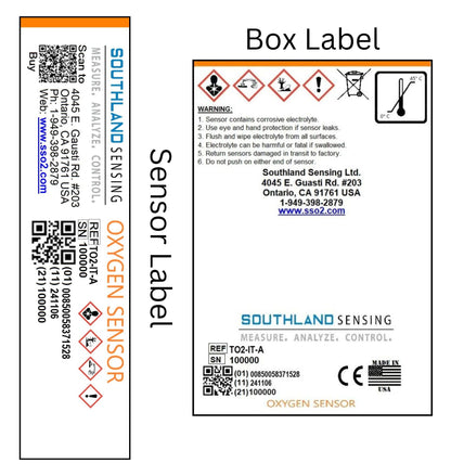 Southland Sensing TO2-IT-A Oxygen Sensor labels showing product specifications and box packaging details