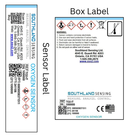 Southland Sensing TO2-IT Trace Oxygen Sensor labels showing product specifications and box packaging instructions