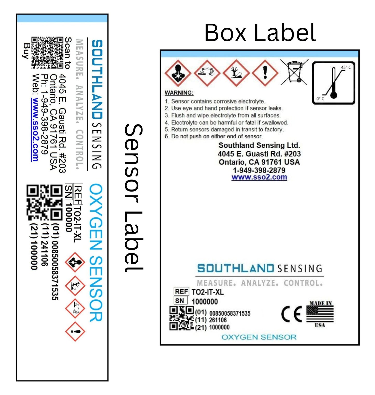 Southland Sensing TO2-IT-XL Oxygen Sensor product label and box packaging label with technical warnings
